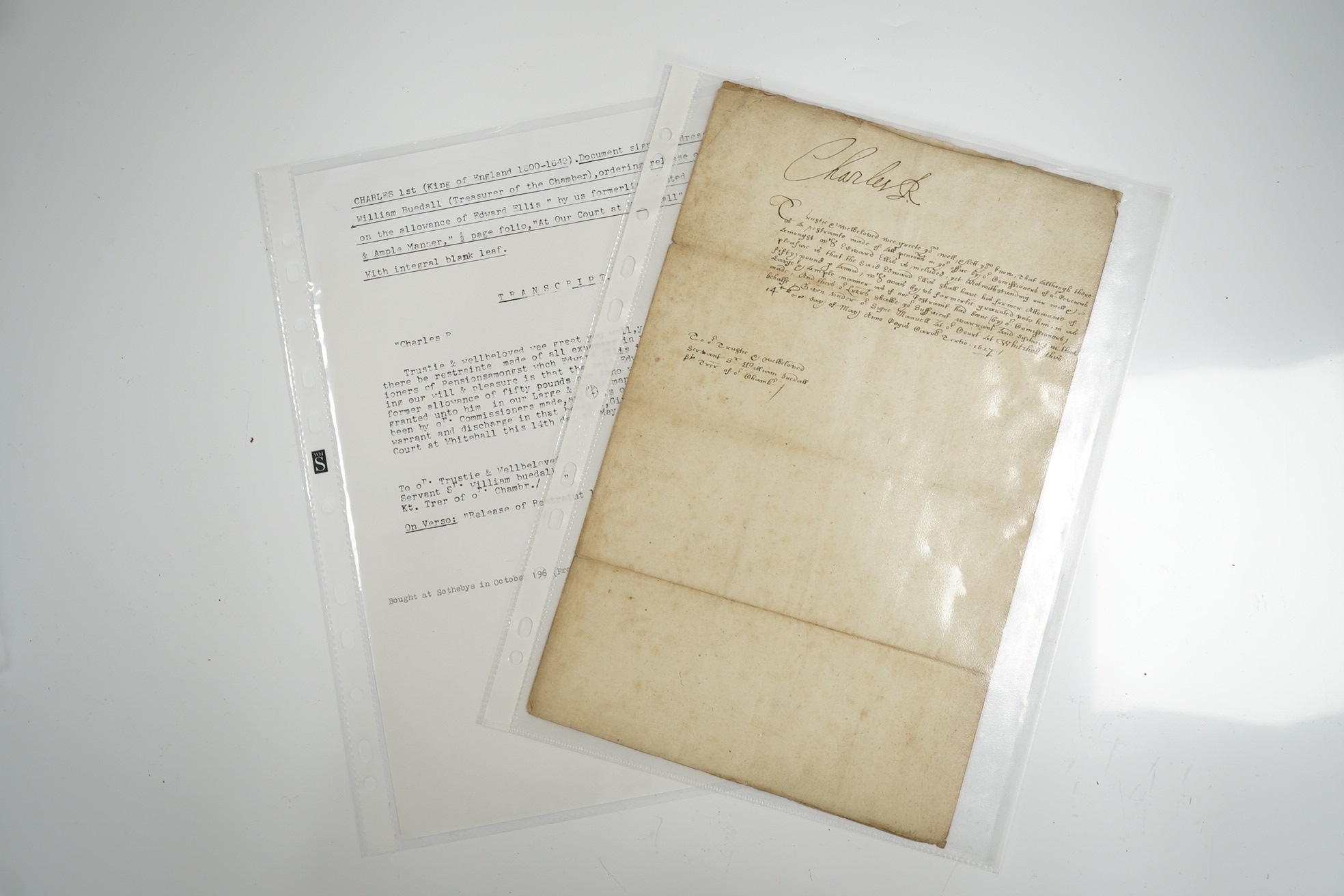 Sign-manual warrant of Charles I to Sir William Uvedale, Treasurer of the Privy Chamber, to restore a pension of £50 to [the king’s cup-bearer] Edward Ellis; Whitehall, 14 May 1627